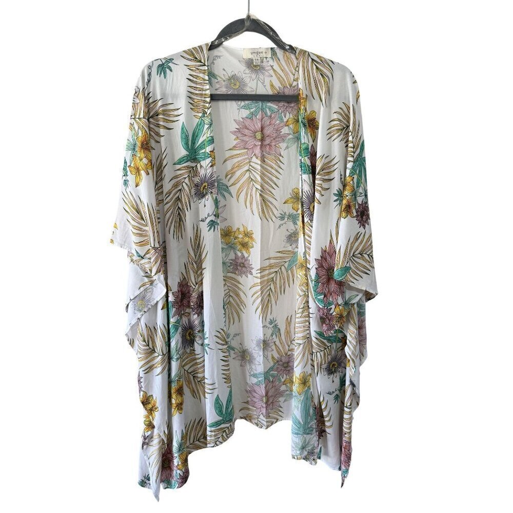 Umgee Full Size Sheer Mixed Floral Print Kimono with Side Slit Size XL/XXL